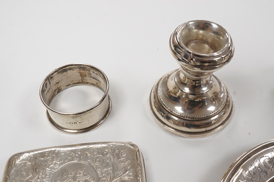 An early Victorian engraved silver plate, of cusped form, by Riley & Storer, London, 1844, with later engraved inscription, 17.5cm, together with two later silver cigarette cases, three silver condiments, a late Victoria